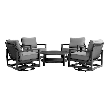 Armen Living Grand 5 Piece Black Aluminum Outdoor Seating Set with Dark Gray Cushions 840254332775